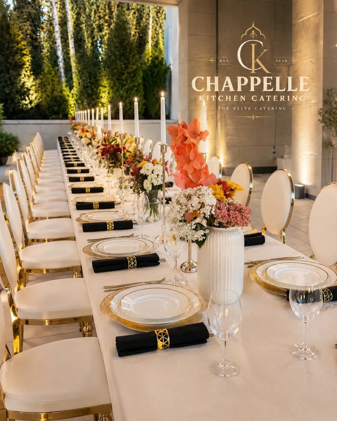 Elegant wedding catering presentation with Mediterranean dishes
