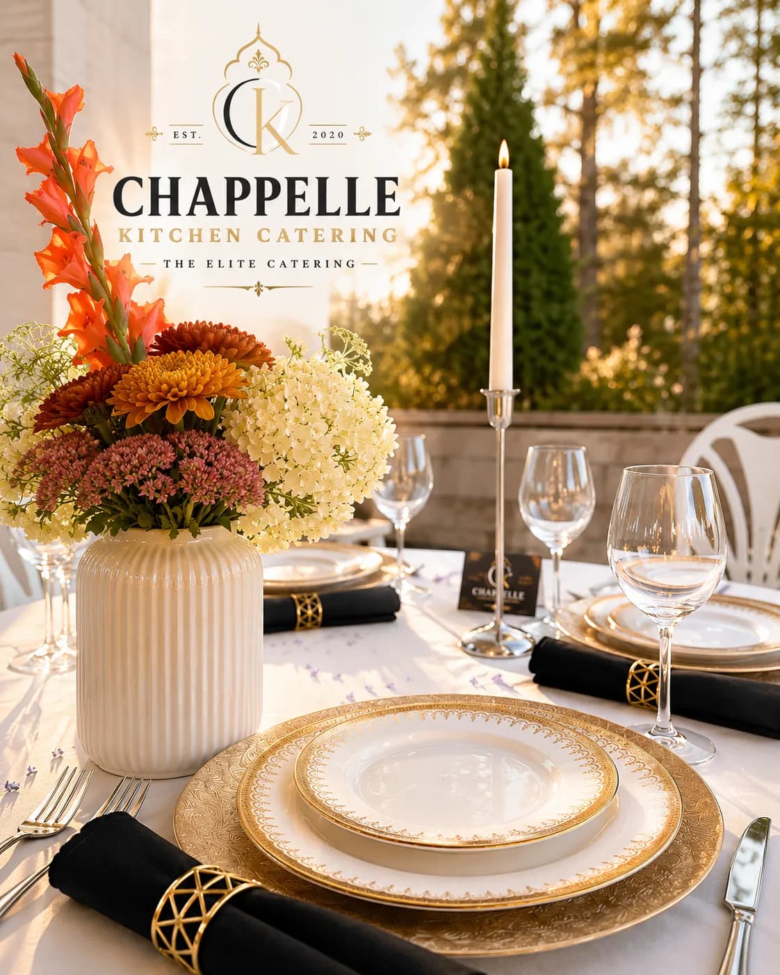 Elegant wedding reception buffet with gold accents and Mediterranean dishes